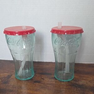 Coca Cola Glasses with Red Lids and Straws